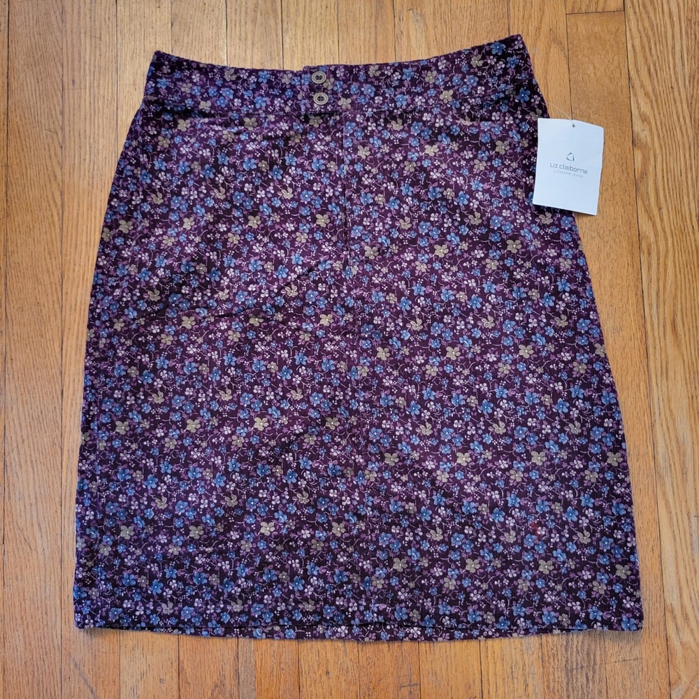 Liz Claiborne 8 Skirt Purple Floral Corduroy VINYARD ROMANCE Cottage Ditzy Boho